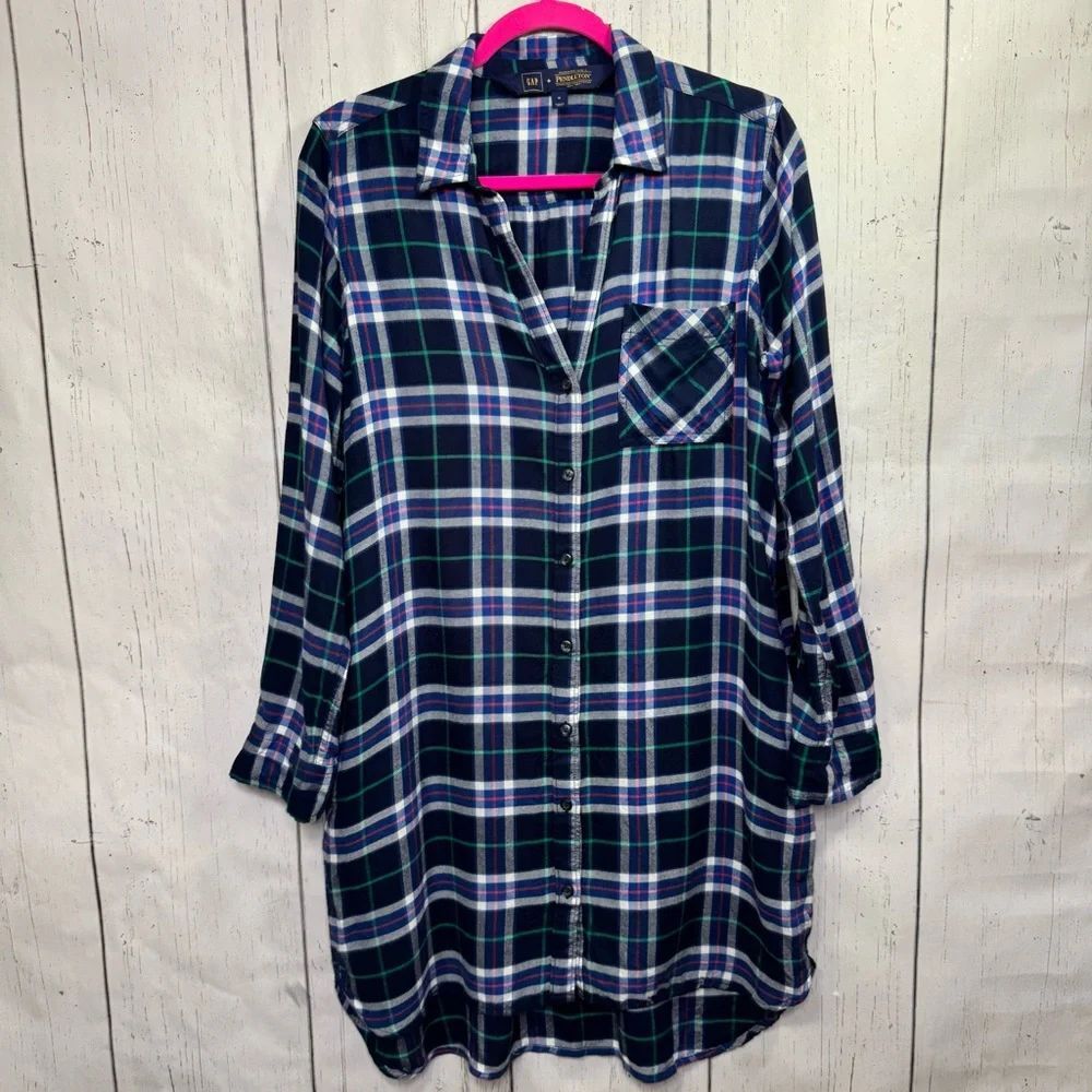 GAP x Pendleton Navy Plaid Shirtdress M Flannel Casual Cozy Dress Cotton Relaxed